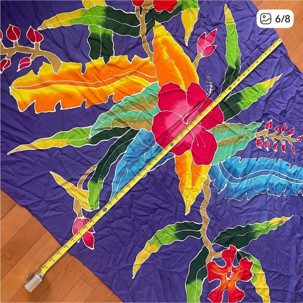 Vintage Bright Color Tropical Flowers Purple Sarong Scarf w/ Tassels - Picture 6 of 8